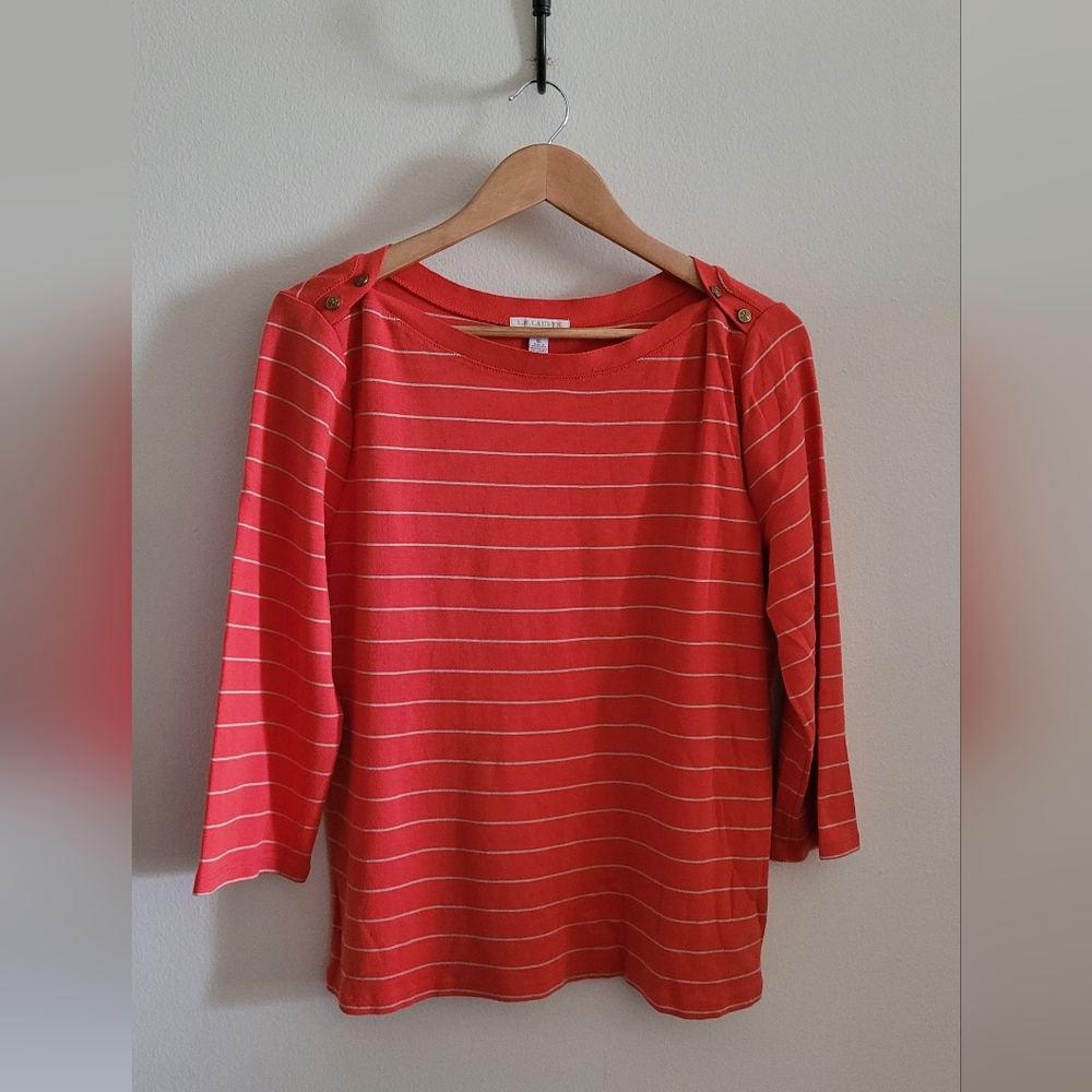 Ralph Lauren Buttoned Wide Necked Top, Women's XL, Orange & White Striped